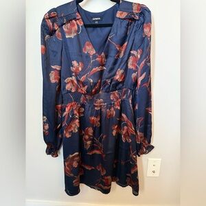 Express Blue and Red Patterned Long Sleeve Dress